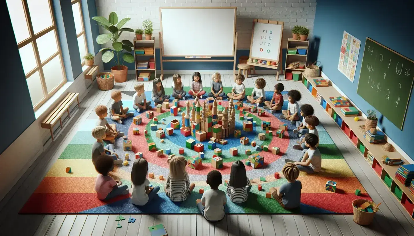 Niños de diversas etnias jugando con bloques de construcción geométricos en una alfombra colorida dentro de un aula escolar iluminada por luz natural.