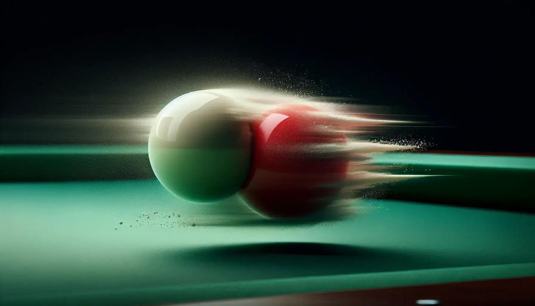 High-speed photo capturing the collision of a white and red billiard ball on a green felt table, with visible chalk dust particles.