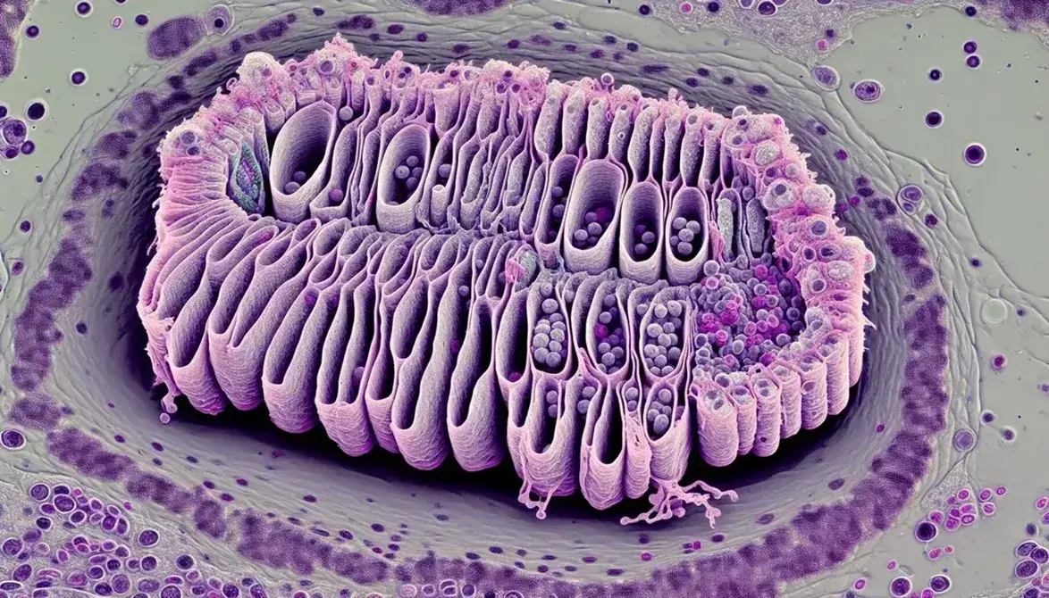 Vista microscópica de células eucariotas con aparato de Golgi resaltado, mostrando cisternas apiladas y vesículas en un citoplasma granulado.