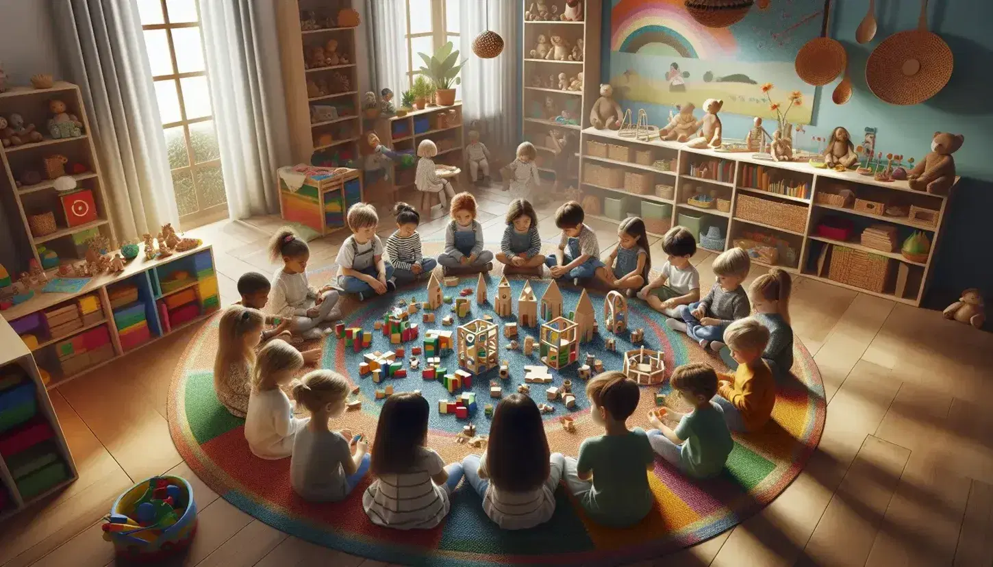 Bambini di diverse età giocano con giocattoli educativi su un tappeto colorato in una stanza luminosa con libri sullo sfondo.