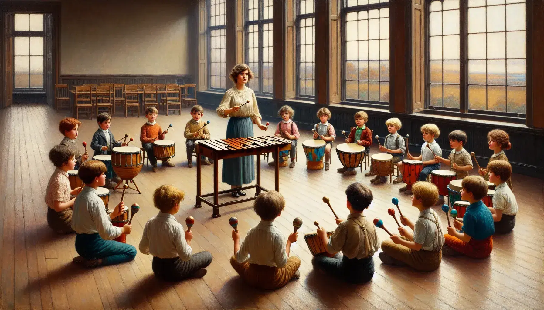 Niños y niñas participando en clase de música con instrumentos como xylofonos, tambores y maracas, dirigidos por una profesora en un aula iluminada.