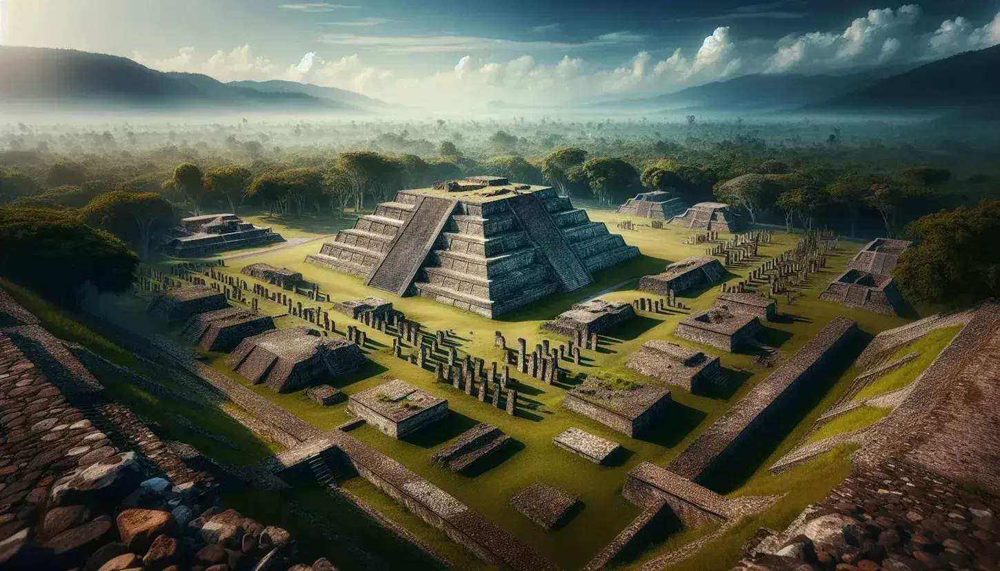 Vista panorámica de una pirámide de piedra de múltiples niveles en zona arqueológica mesoamericana, con cielo azul despejado y restos de columnas a la derecha.