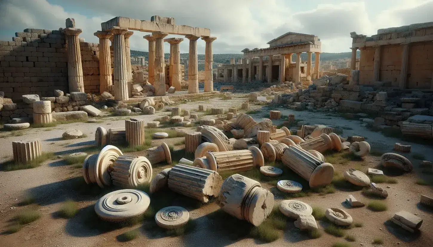 Rovine di un'antica agora greca con colonne doriche parzialmente erette e frammenti di pilastri su terreno erboso sotto un cielo azzurro.
