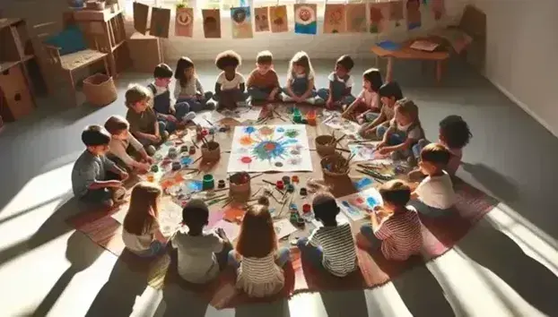 Niños de diversas etnias participando en actividad artística en el suelo, rodeados de materiales de arte y colaborando en una pintura colectiva.
