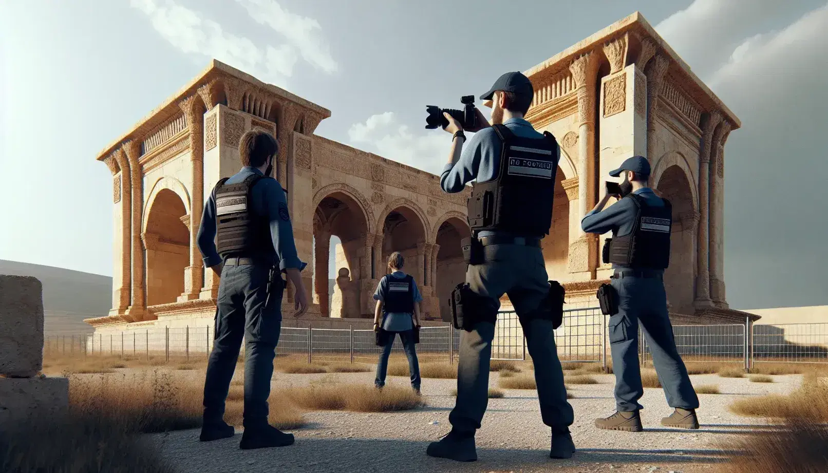 Grupo de tres personas, dos en uniforme y una con cámara fotográfica, frente a un antiguo monumento de piedra con arcos y columnas en un día soleado.