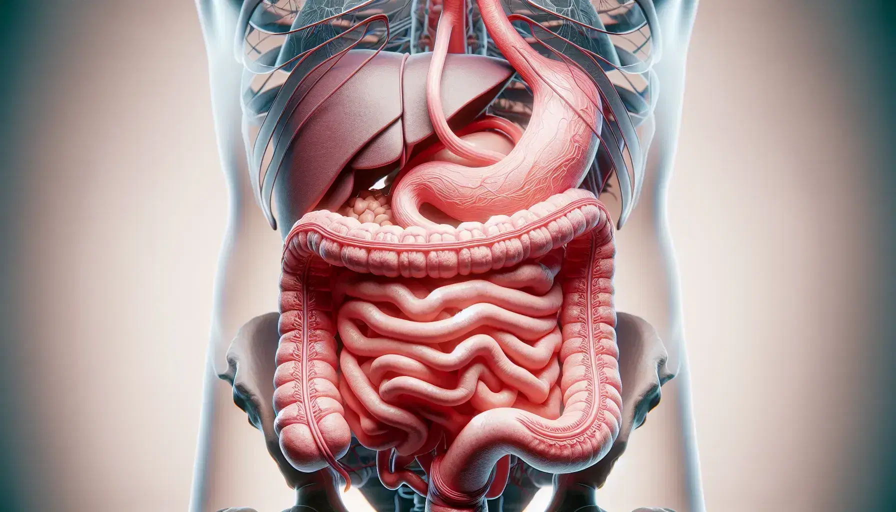 Representación anatómica detallada del sistema digestivo humano, con énfasis en el esófago de tono rosa claro conectando con el estómago en vista frontal ligeramente inclinada.