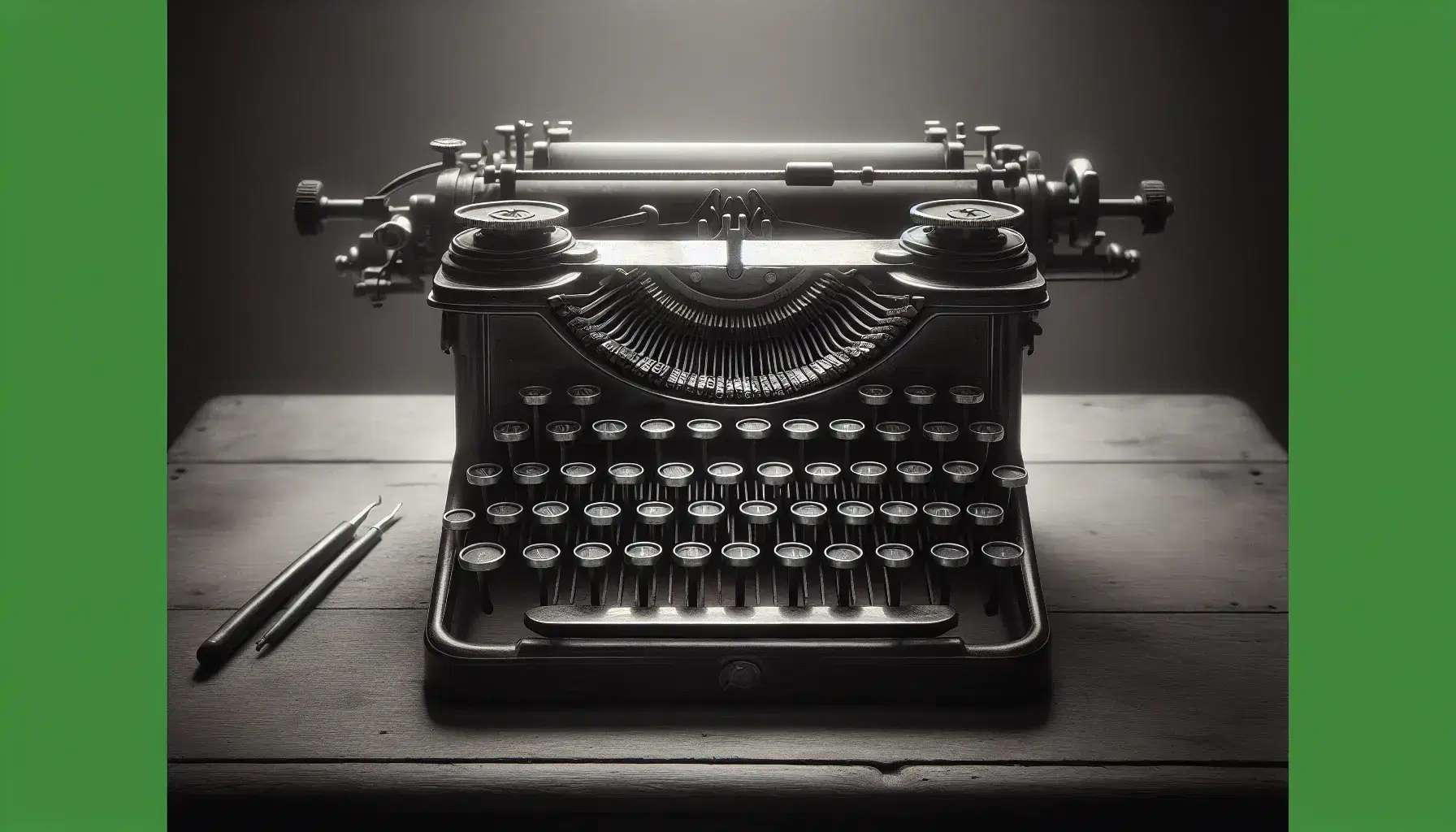 Vintage early 20th-century typewriter on a worn wooden desk, with round keys and a central platen, near a softly lit window with sheer curtains.