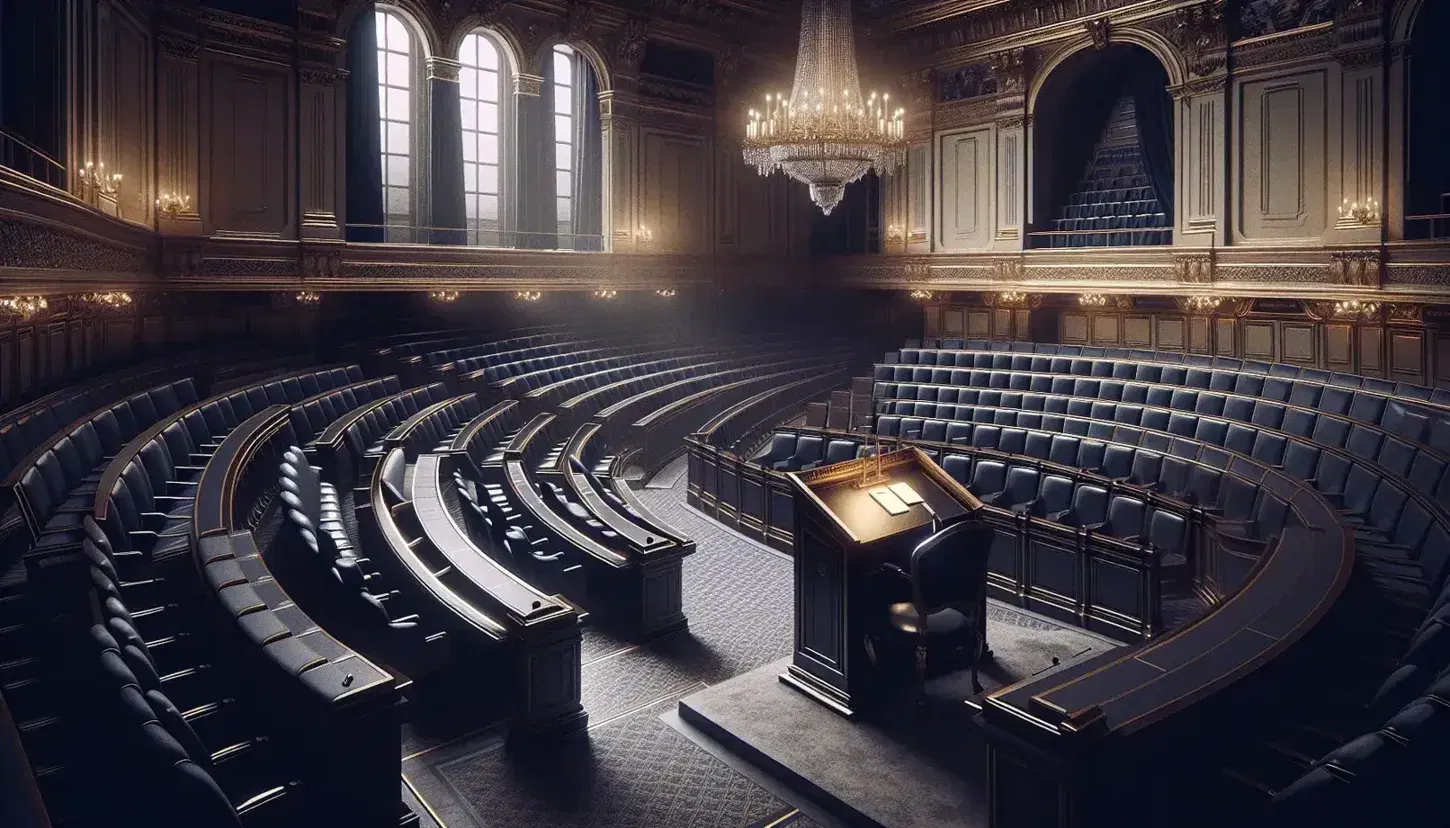 Sala vuota dell'Assemblea Nazionale Francese con sedili semicircolari blu, podio e balconata, illuminata da un lampadario di cristallo.