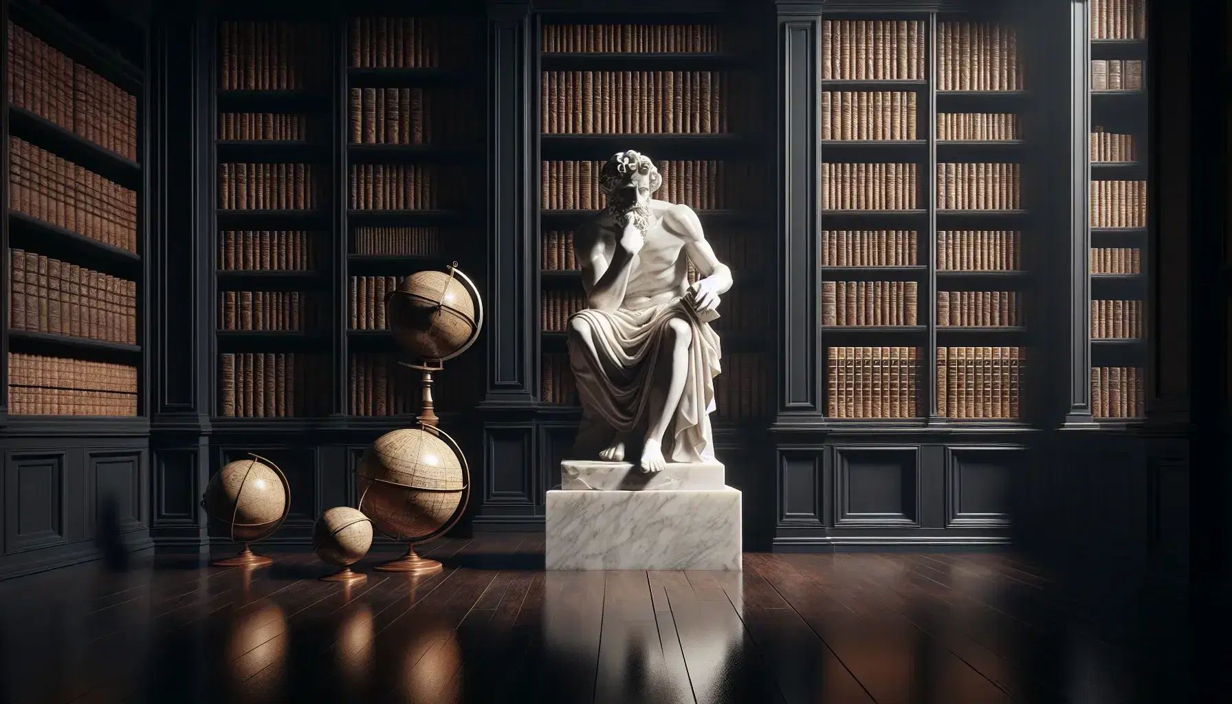 Statua in marmo bianco di filosofo pensieroso con compasso, seduto in biblioteca antica con scaffali di libri in pelle e globi terrestri e celesti.