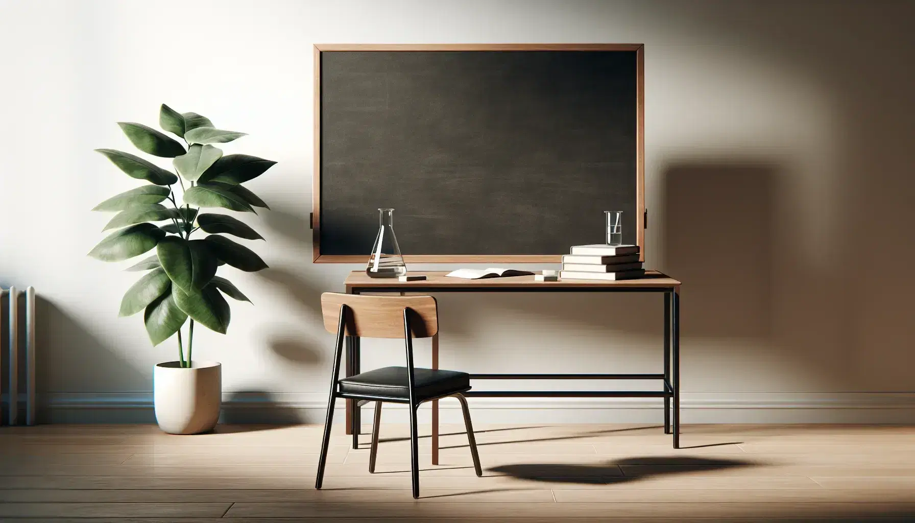 Chalkboard on wooden easel in a classroom with teacher's desk, textbooks, beaker with liquid, and potted plant beside a student's chair.