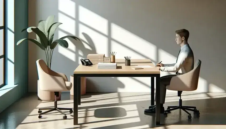 Oficina luminosa con mesa de madera, silla ocupada por persona con camisa clara, documentos y teléfono fijo, planta interior y taza de café humeante.