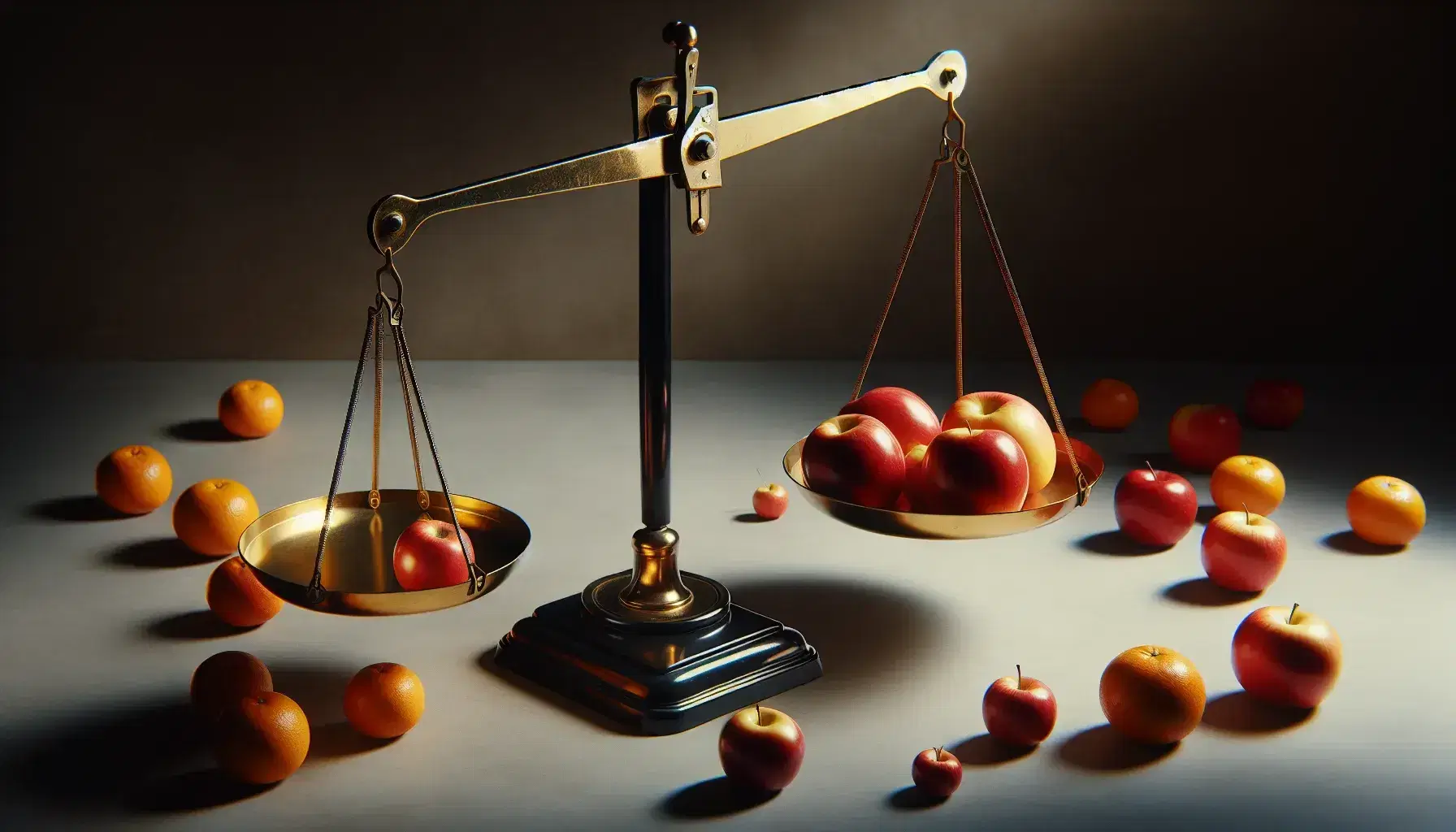 Bilancia a due piatti dorati in equilibrio su sfondo neutro, con mucchio di mele rosse lucenti a destra e arance vivaci a sinistra.