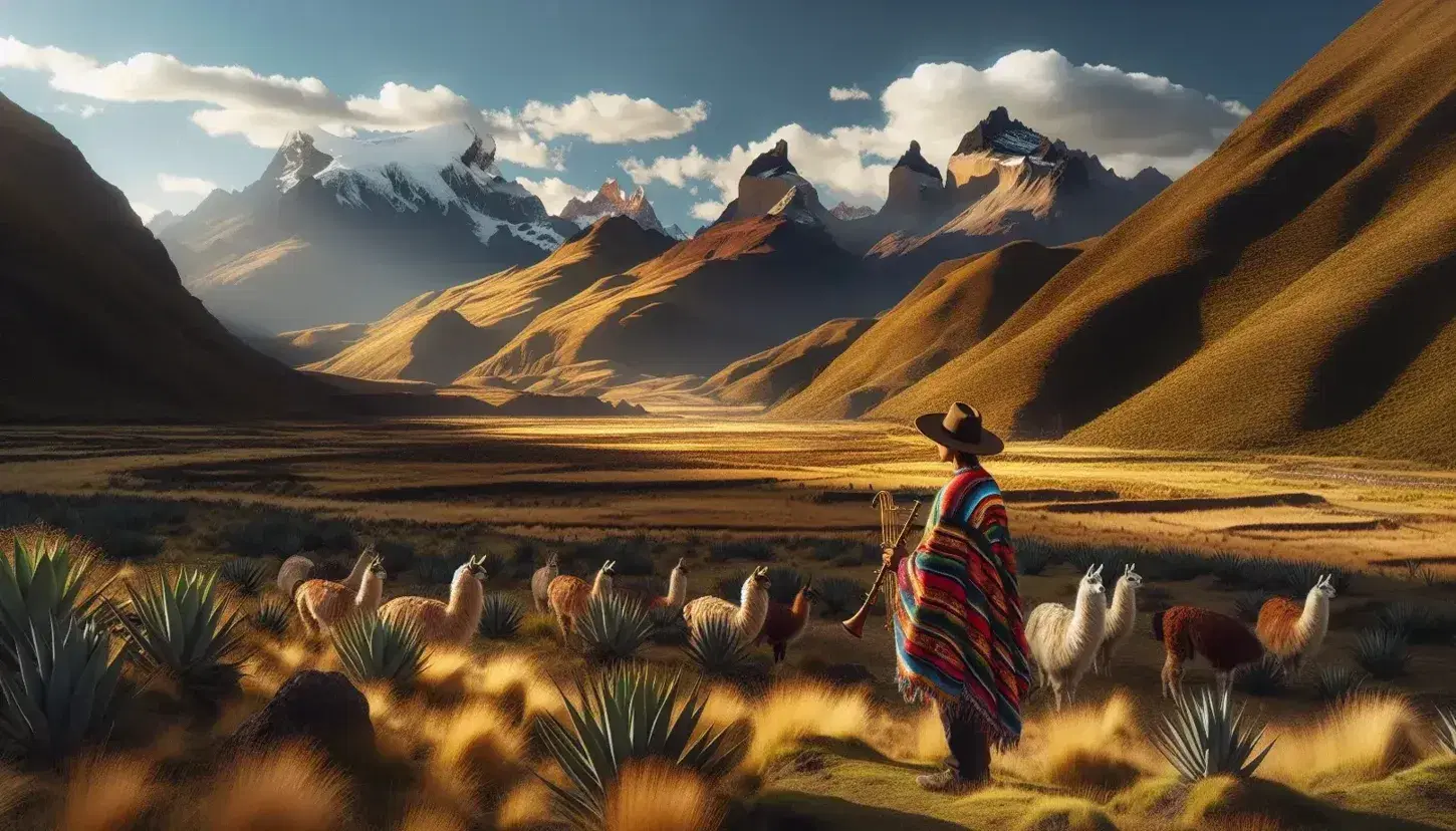 Paisaje andino con montañas, campo verde y llamas pastando, figura humana con poncho colorido y sombrero toca quena bajo cielo azul.