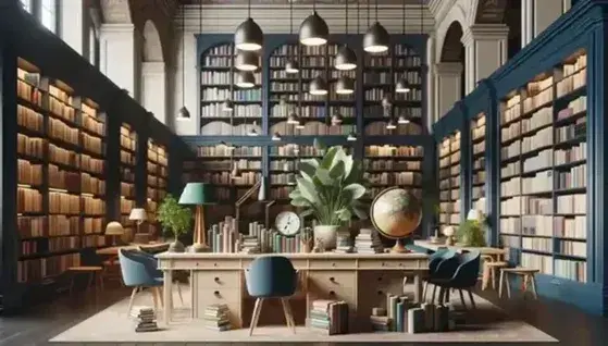 Biblioteca accogliente con scrivania in legno chiaro, sedie blu, orologio, lampada, libri color pastello, mappamondo e piante verdi.