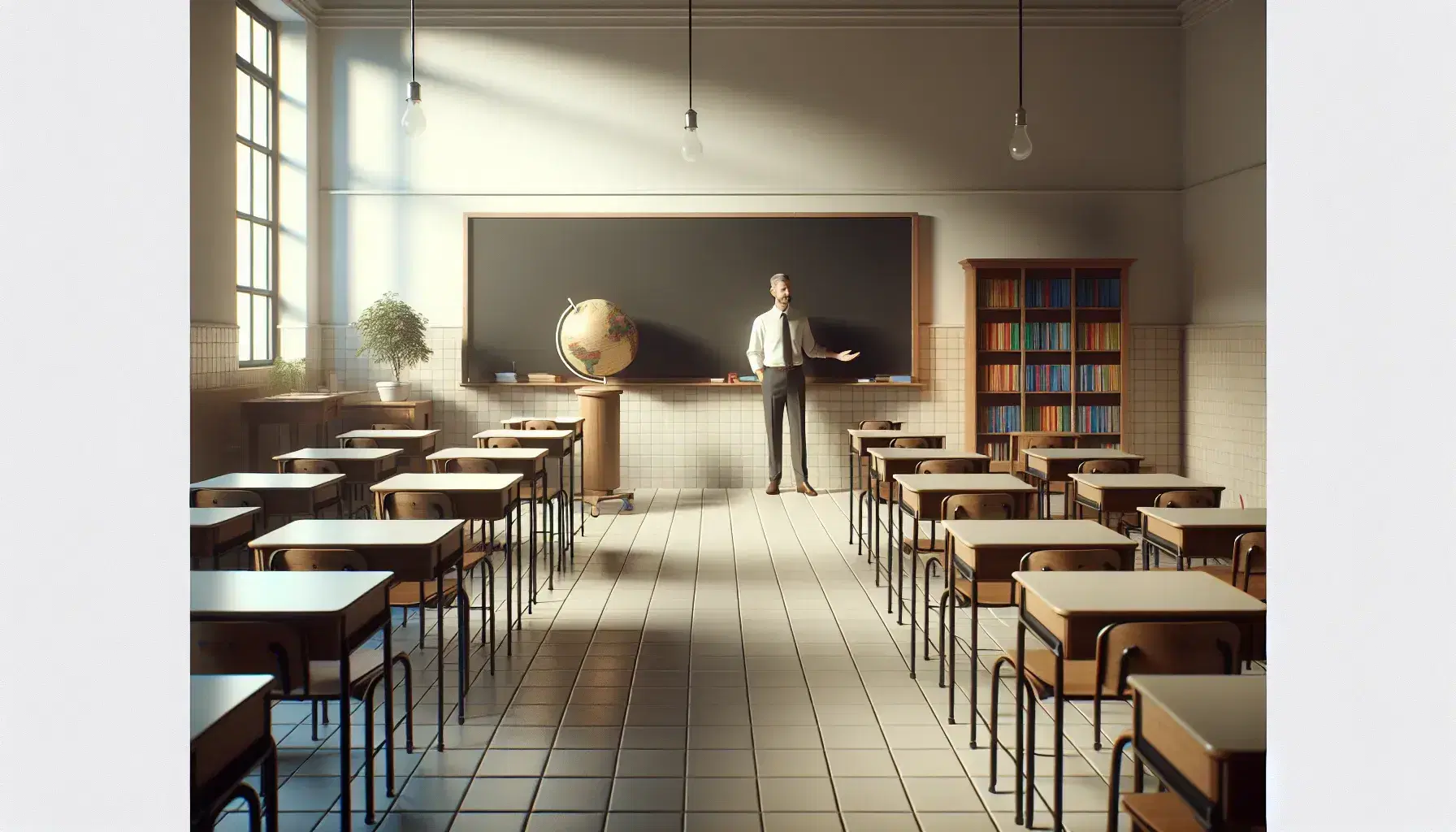 Middle-aged teacher standing in front of a blackboard in a neat classroom with wooden desks, a bookshelf with textbooks, and a globe.