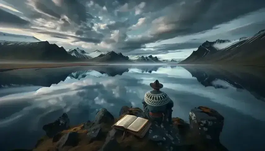 Paesaggio islandese con uomo in abiti tradizionali seduto su roccia, riflessione di montagne innevate in lago calmo, cielo nuvoloso.