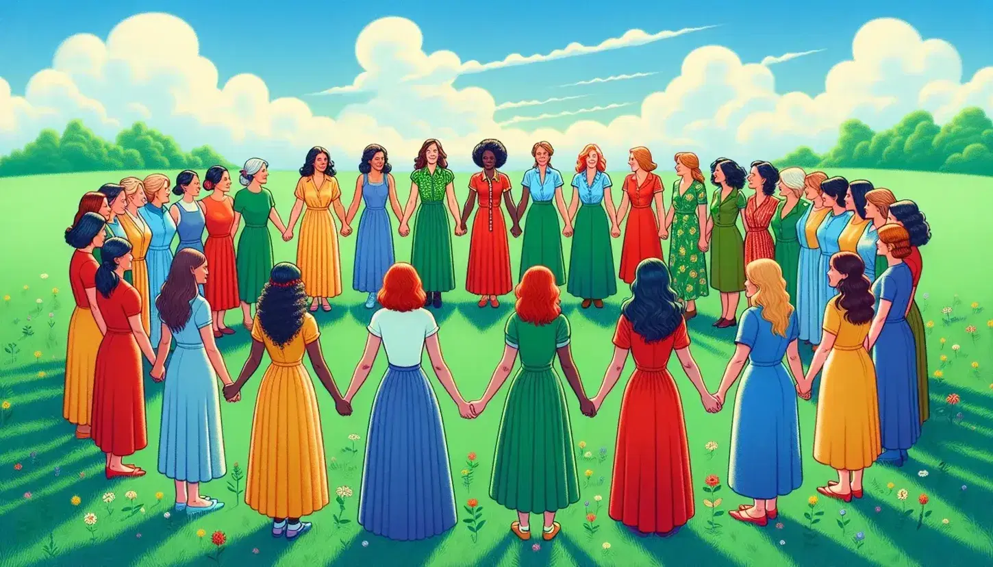 Gruppo multietnico di donne in cerchio su prato verde, mani unite, sotto cielo azzurro, abiti colorati senza loghi.