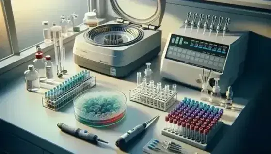 Sterile workbench in laboratory with gray microcentrifuge, set of colored micropipettes, Petri dish with gel and test tube with green cap.