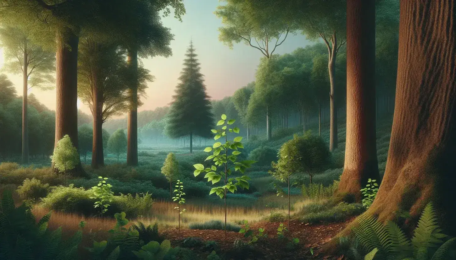 Serene natural landscape with young saplings in the foreground, a dense forest of mature trees behind, and a pastel sky casting a warm glow.