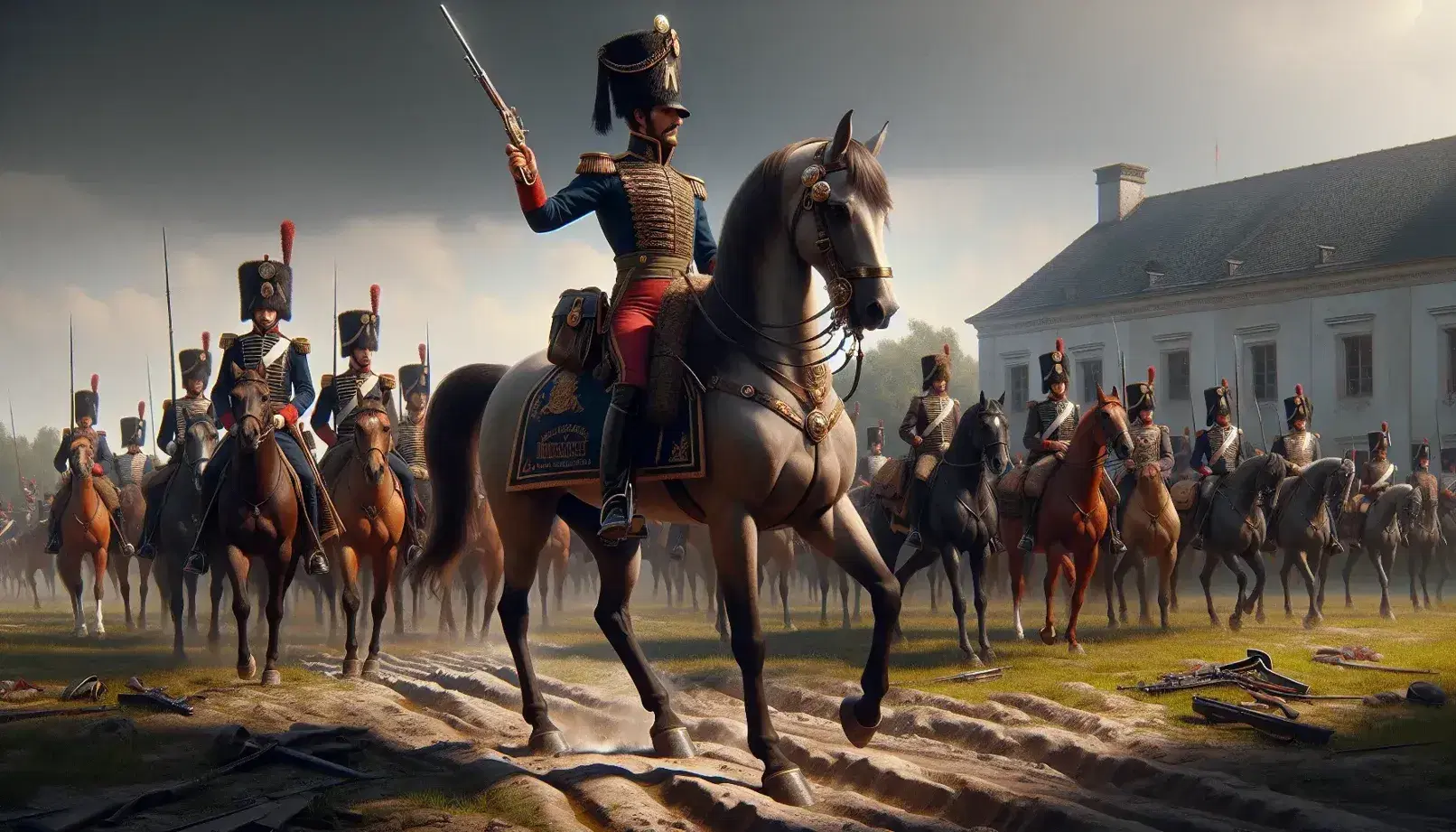 Escena histórica al aire libre con un oficial montado en caballo castaño claro, vestido con uniforme militar del siglo XIX y sosteniendo una espada, rodeado de soldados a pie y a caballo.