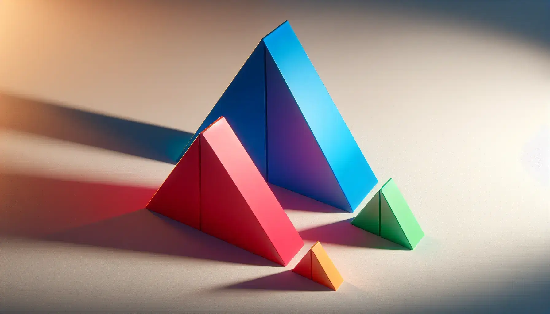 Three equilateral triangles in ascending sizes and colors blue, red, and green, aligned by angles, casting soft shadows on a plain background.