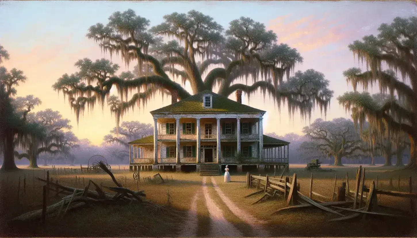 Weathered plantation house with columns and peeling paint, surrounded by oak trees with Spanish moss, under a pastel sunset sky, with a woman in a long dress observing.