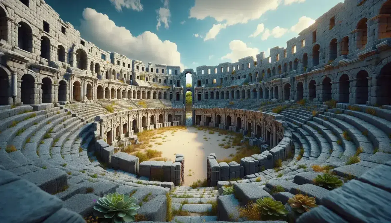 Anfiteatro romano in rovina con arena ovale, gradinate in pietra, archi e insula, flora spontanea e cielo sereno.