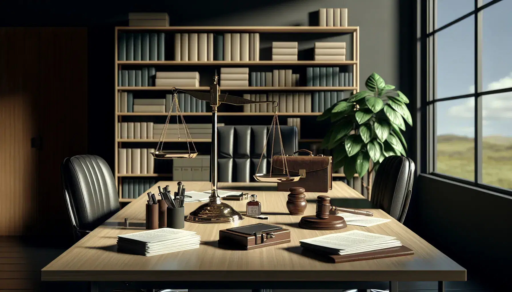 Oficina moderna con balanza de justicia metálica, sello y tintero rojo sobre mesa de madera, sillas de cuero negro y estantería con libros y planta.