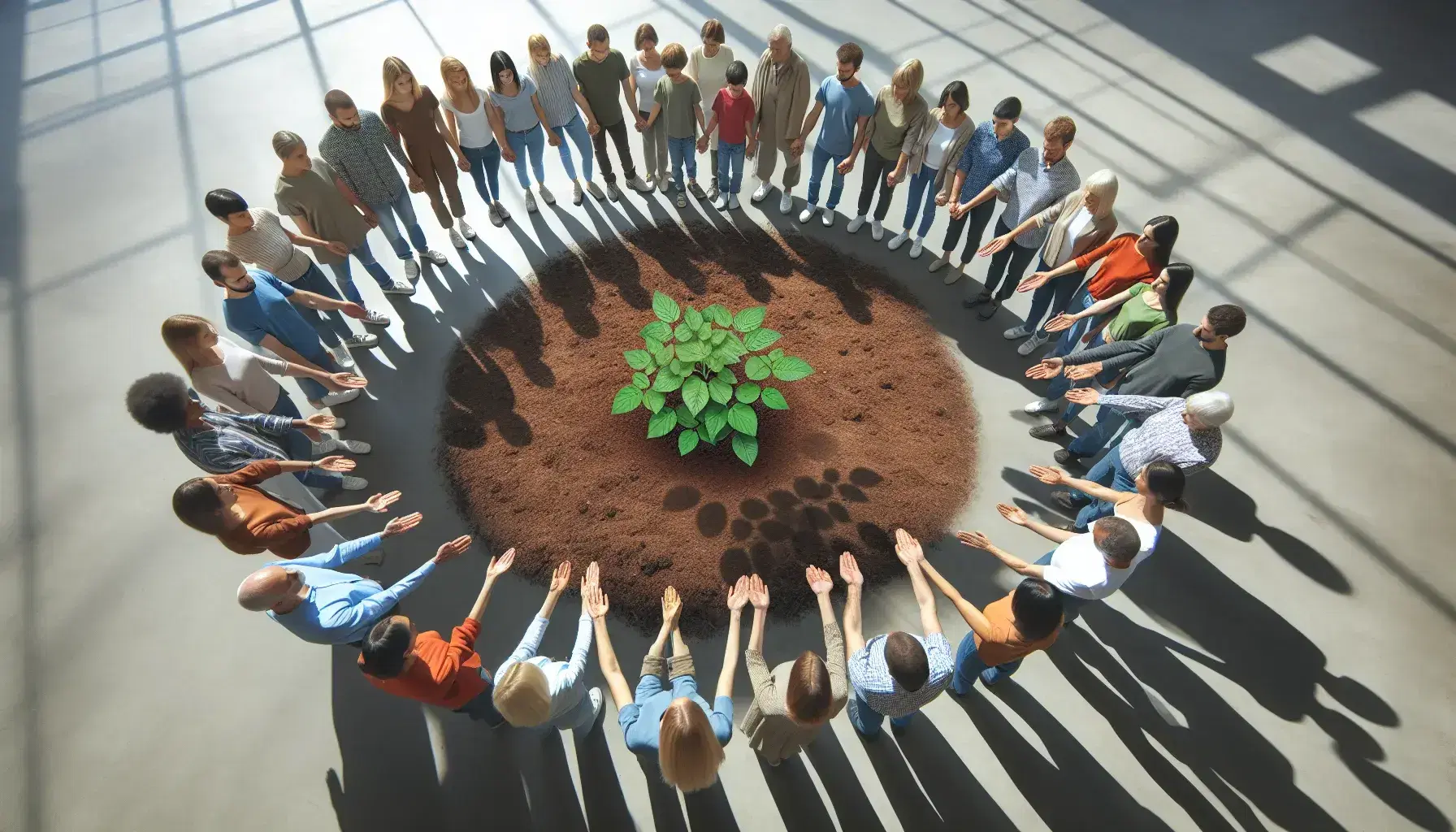 Grupo diverso de personas unidas cuidando una planta joven en un espacio abierto iluminado por luz natural, simbolizando colaboración y crecimiento.