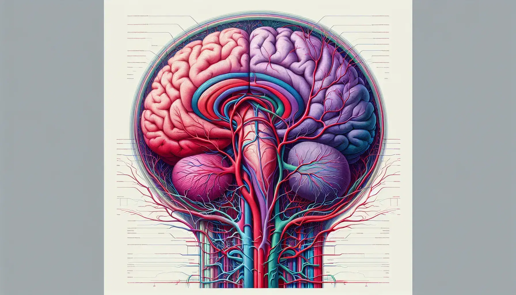 Representación gráfica detallada del cerebro humano en tonos rosas y morados con sistema vascular en rojo y azul, mostrando arterias y venas en un fondo neutro.