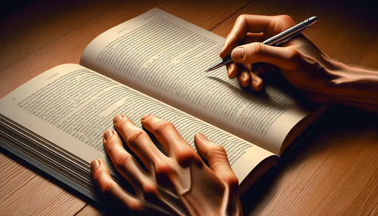 Close-up view of hands on an open book with a pen ready for note-taking, against a blurred wooden desk background, evoking a studious atmosphere.