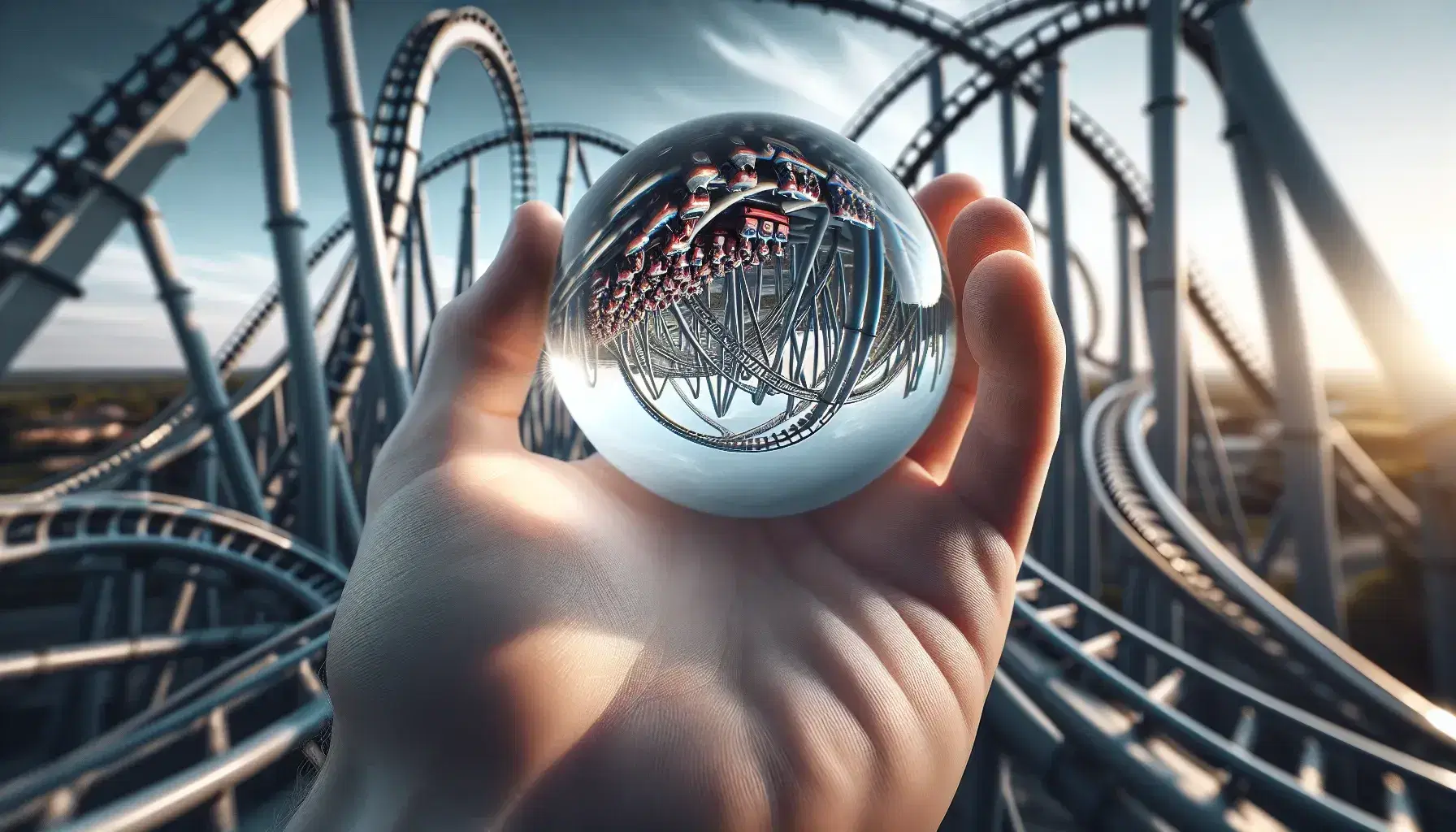 Hand holding a glass marble with a blurred roller coaster in the background, under a blue sky with wispy clouds, highlighting the thrill of amusement parks.