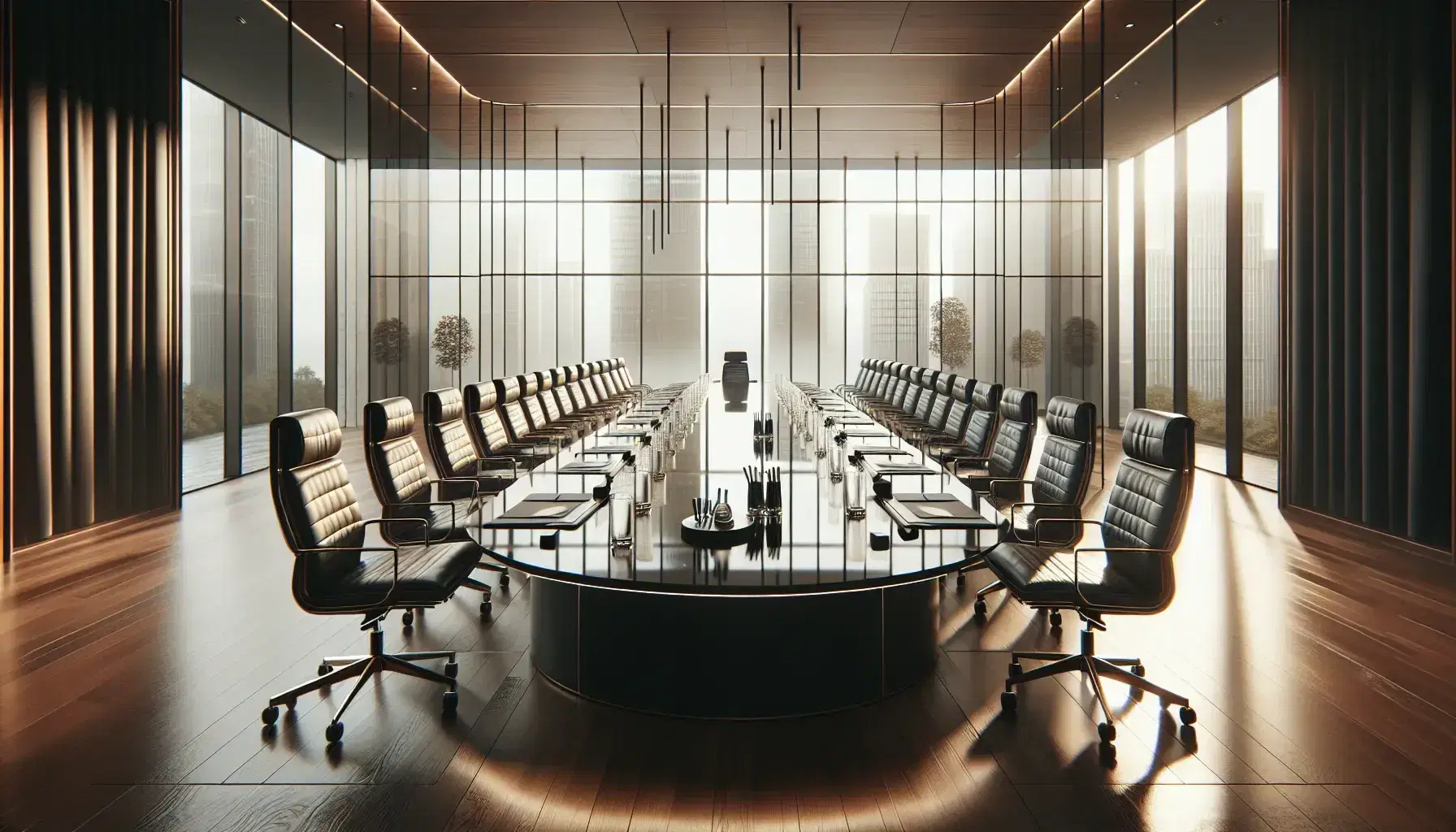 Modern corporate boardroom with oval wooden table, black leather chairs, laptops, water pitchers, and panoramic city view through floor-to-ceiling windows.