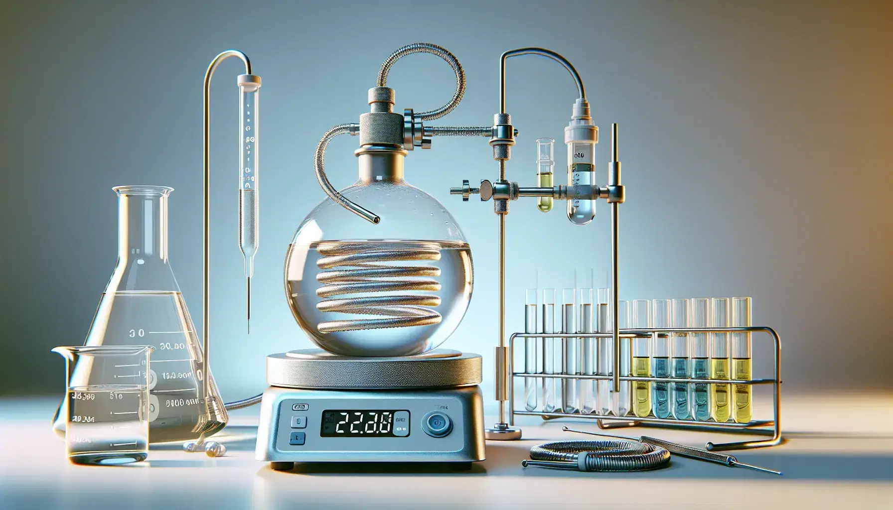 Laboratory with round bottom flask connected to a reflux condenser, digital thermometer, colored test tubes and magnetic stirrer.