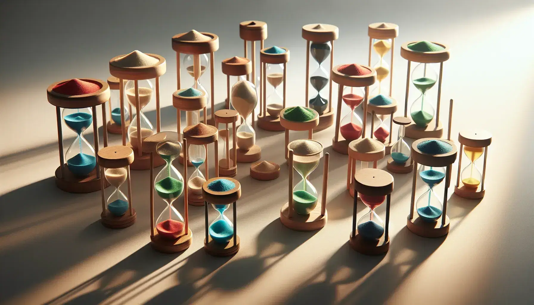 Colección de relojes de arena de distintos tamaños y colores en una superficie clara, mostrando diferentes niveles de arena caída, con sombras suaves y marcos de madera.