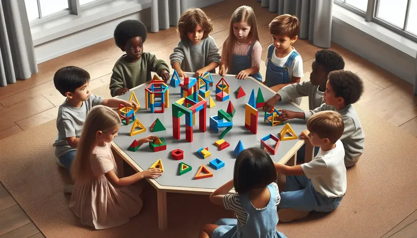Niños de diversas etnias concentrados construyendo estructuras tridimensionales con piezas geométricas de colores en una mesa hexagonal.