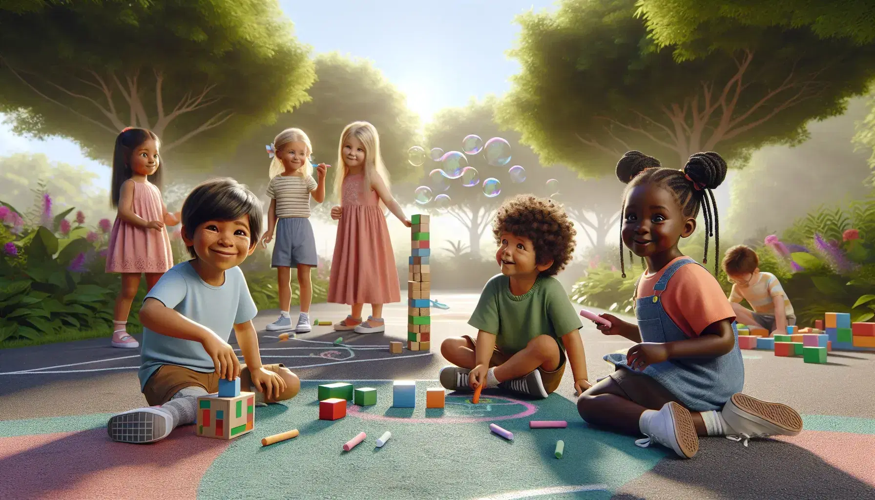 Niños de diversas etnias jugando al aire libre en un parque, con actividades como dibujar con tizas y soplar burbujas.