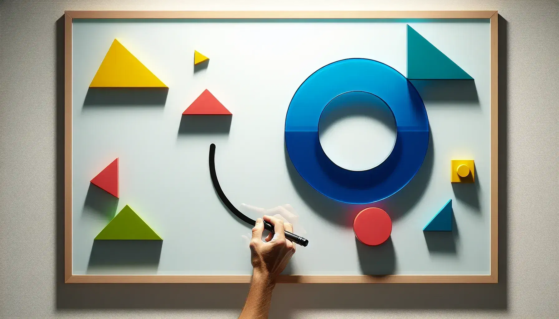 Colorful geometric shapes on a whiteboard with a hand holding a marker, suggesting an educational setting with a focus on learning shapes and colors.