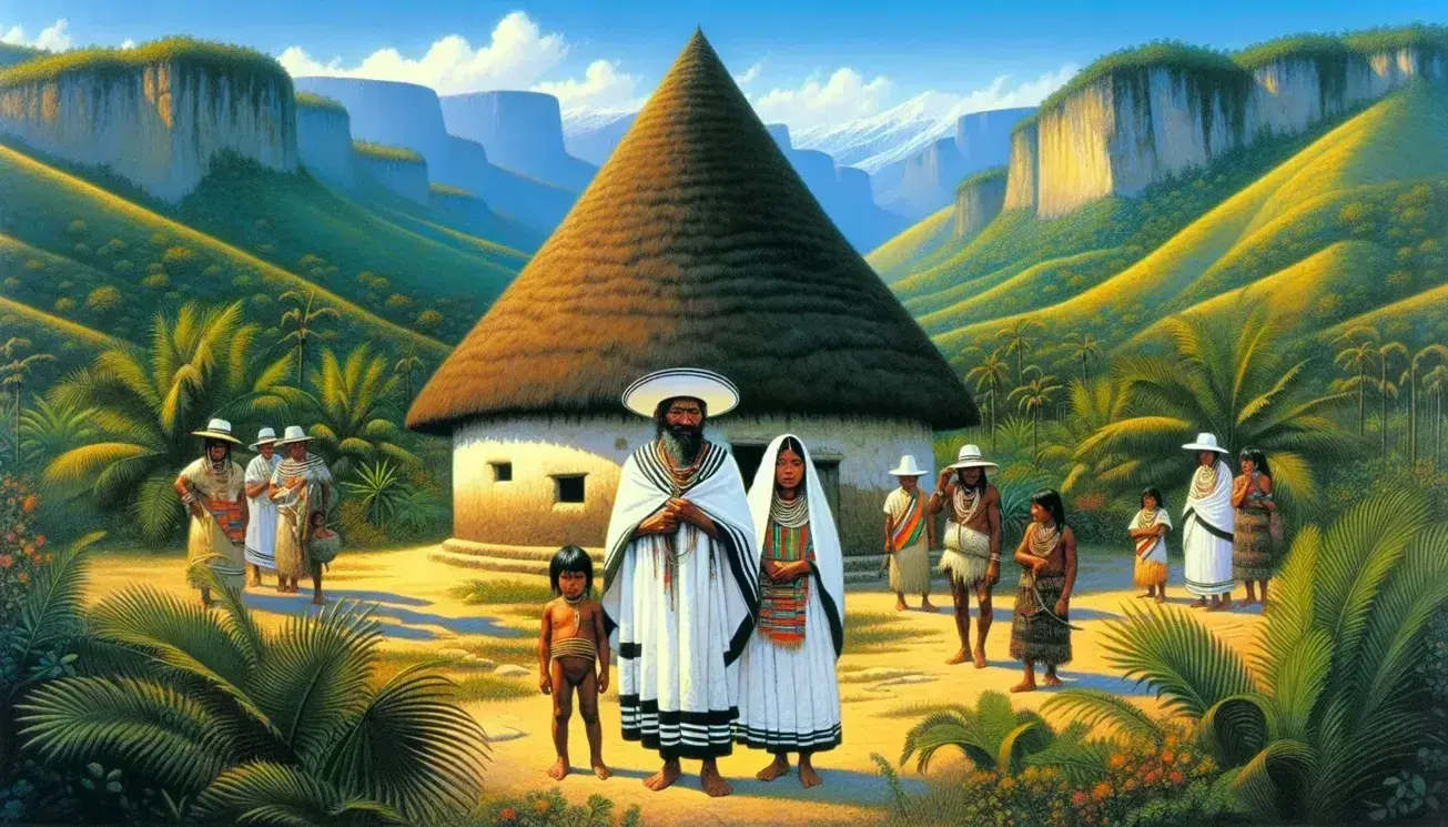 Grupo de indígenas Arhuacos en su entorno natural, con trajes típicos, ante paisaje montañoso y vivienda tradicional.