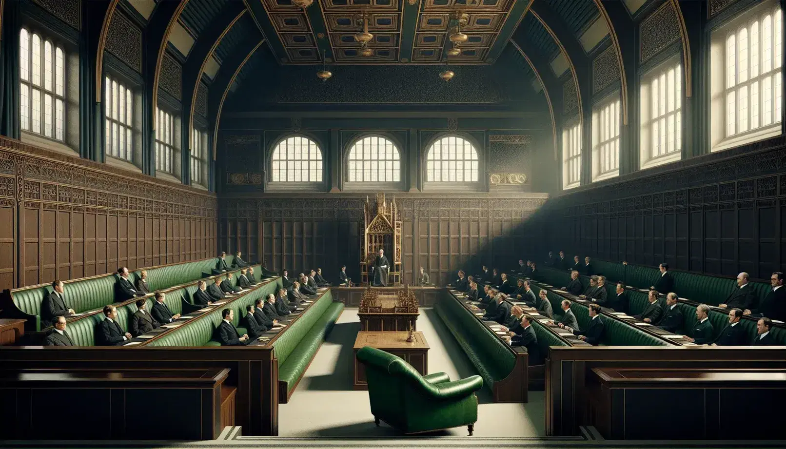 Elegant parliament chamber with individuals on green leather benches, a central aisle leading to an ornate chair, and sunlight streaming through arched windows.