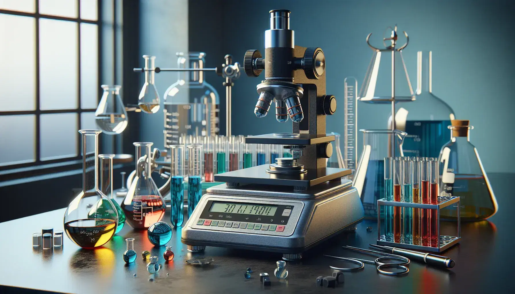 Laboratorio científico con balanza analítica, tubos de ensayo con líquidos de colores, microscopio compuesto y frascos de reactivos en estante.