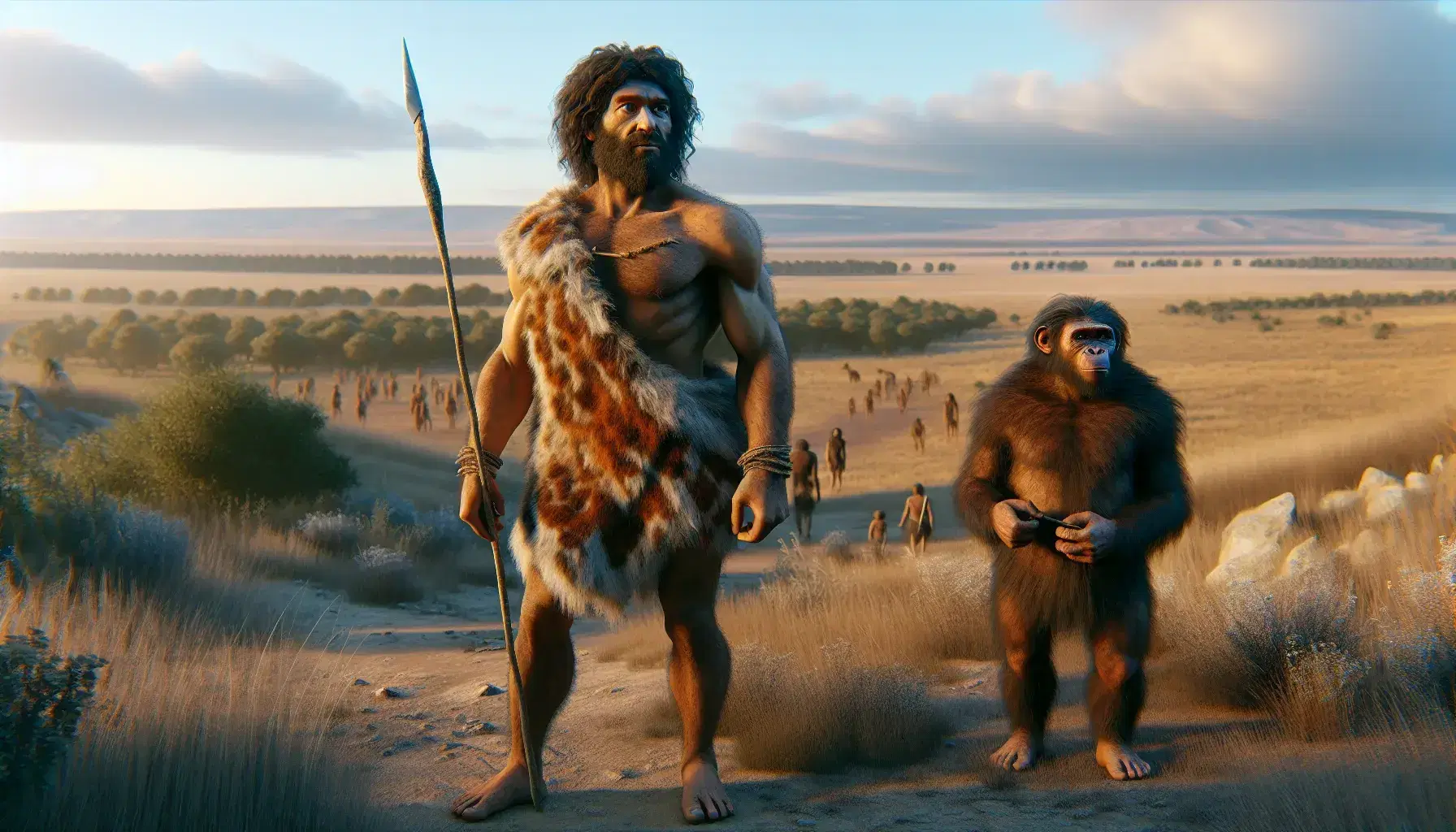 Reconstrucción prehistórica con Homo sapiens y Neanderthal en una llanura al amanecer o atardecer, vestidos con pieles y portando lanza.
