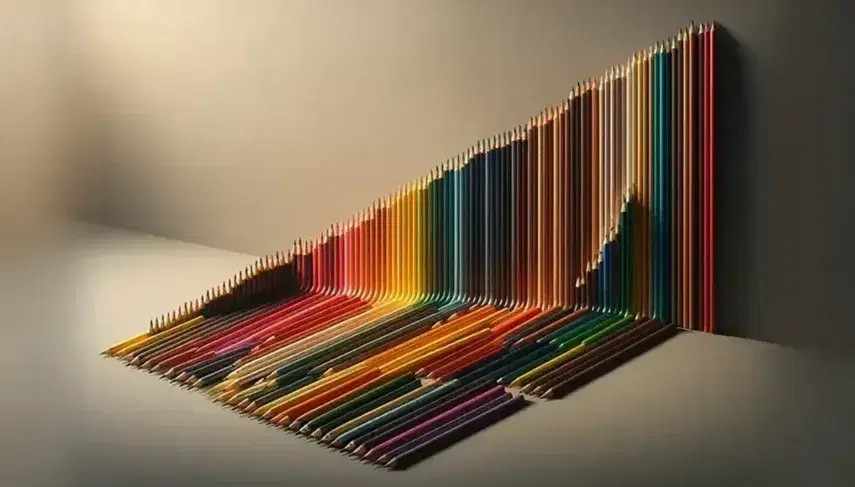 Matite colorate in ordine crescente di lunghezza su sfondo neutro, punte in alto, senza ombre, effetto grafico di crescita.