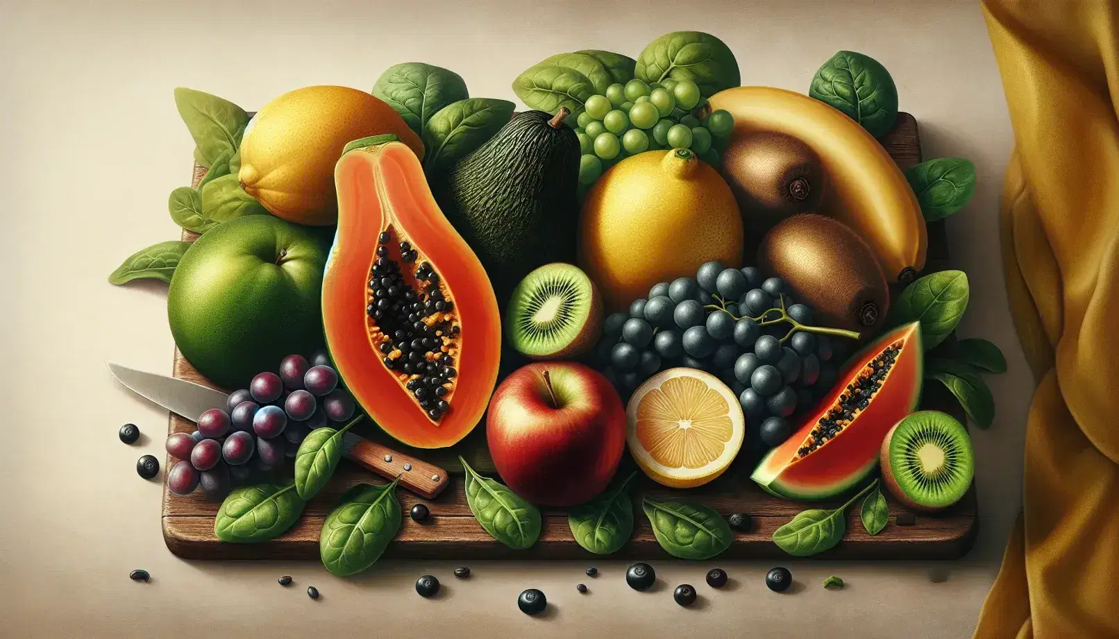 Wooden cutting board with fresh fruit and vegetables: half a papaya, cut kiwi, purple grapes, sliced ​​lemon, opened avocado and sliced ​​red apple, spinach leaves.