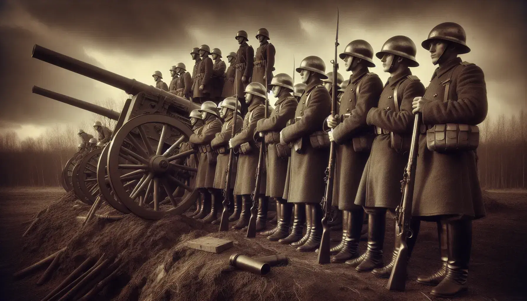 Soldados uniformados de principios del siglo XX en formación militar con cascos redondos y rifles con bayonetas, junto a un cañón antiguo, bajo un cielo nublado.
