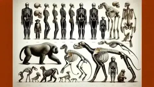 Colección de esqueletos de diferentes especies animales con esqueleto humano central, primate a la izquierda, felino grande a la derecha y esqueletos de ave y pez en la parte inferior.