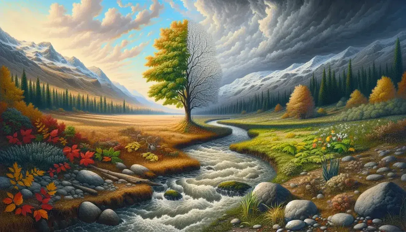 Paisaje natural en transición estacional con árbol de hojas multicolores, campo verde, montañas nevadas al fondo y río reflejante.