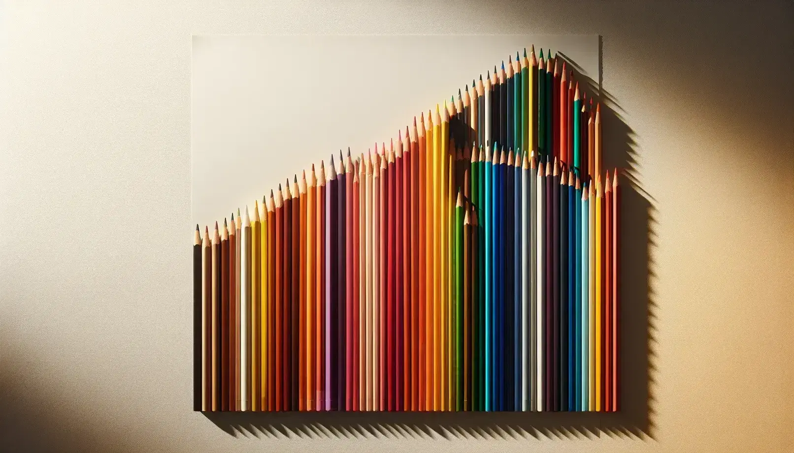 Matite colorate in ordine cromatico su sfondo neutro con foglio bianco, punte affilate, senza ombre né scritte.