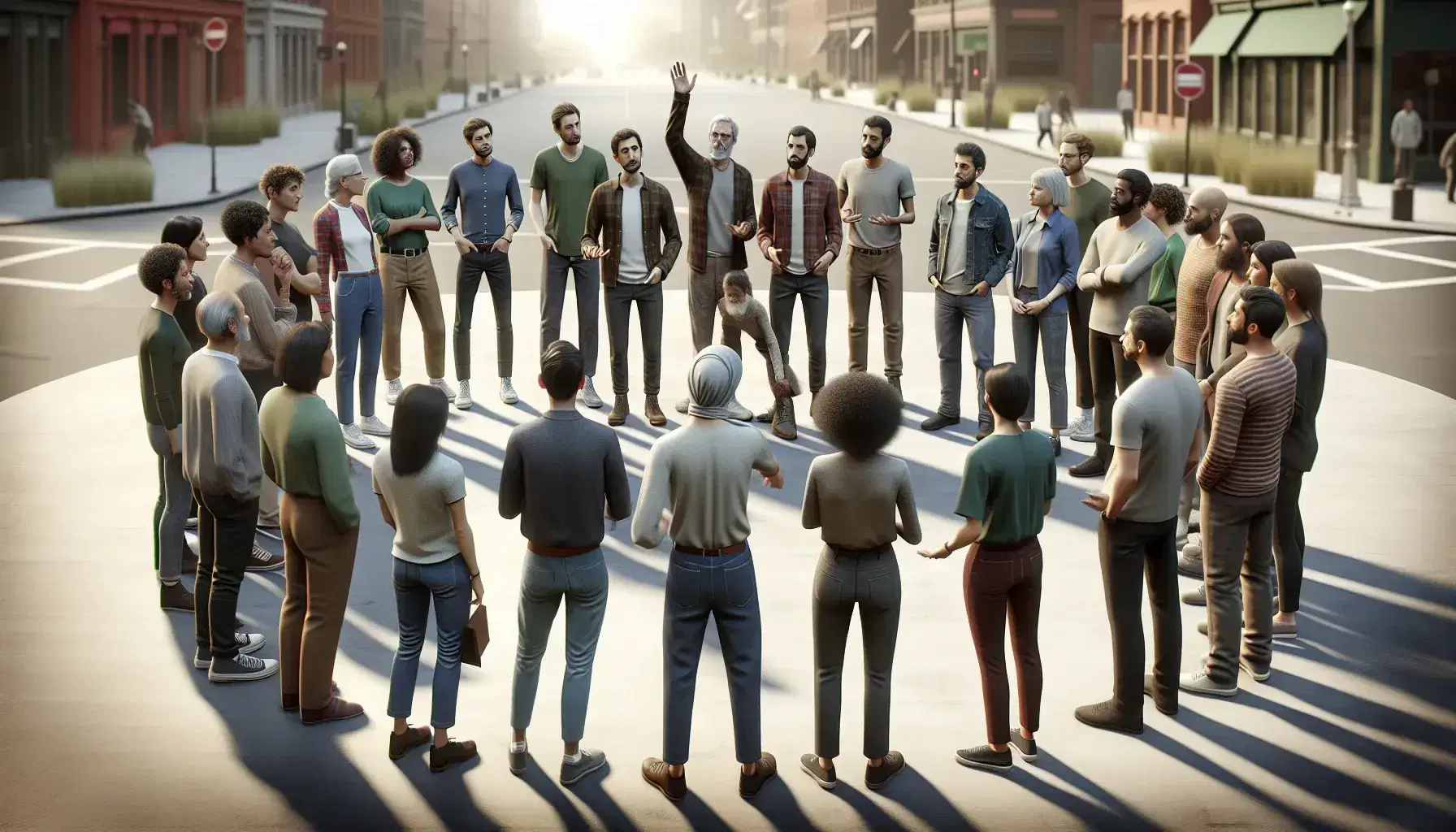 Multicultural outdoor meeting of eight people in a circle, with a speaker leading, in a defocused urban setting and soft lighting.