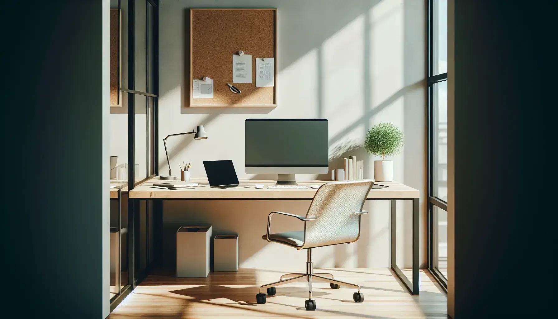 Ufficio moderno e luminoso con scrivania in legno chiaro, laptop aperto, mouse senza fili, cellulare e pianta verde, sedia ergonomica grigia.